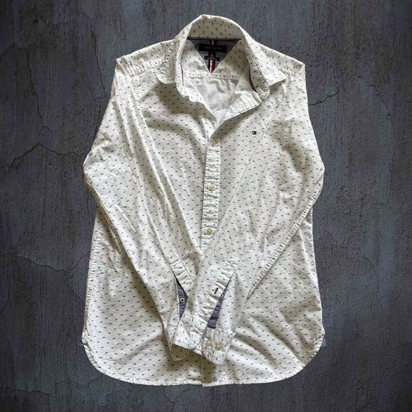 Men's TOMMY HILFIGER Shirt White Tan Print Button Up Long Sleeve Cotton Size S/P - Picture 7 of 7